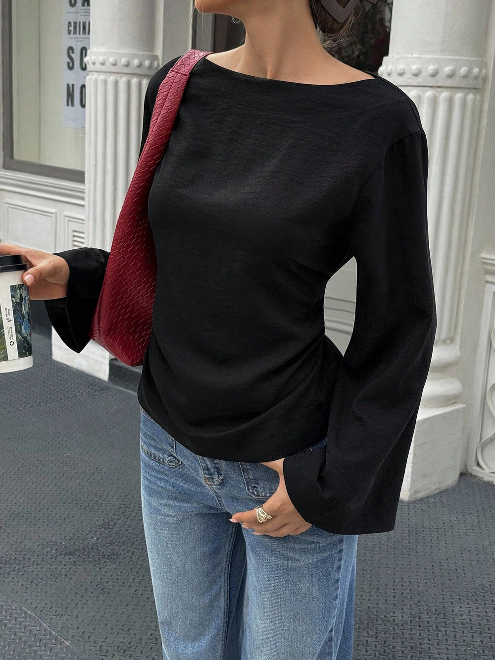 ZARA Elegant Bell Sleeve Top Back Tie Waist Cinch Slimming